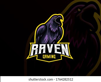 Raven mascot sport logo design. Bird animal mascot vector illustration logo. Wild crow mascot design, Emblem design for esports team. Vector illustration