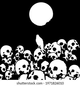 A raven and a mountain of skulls, and the moon shines above them. Creative design in black and white style. This is a common picture in the world of the apocalypse.