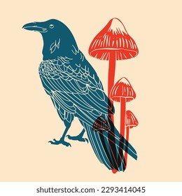 Raven and mushrooms. Colorful cute screen printing effect. Riso print effect. Vector illustration. Graphic element  for fabric, textile, clothing, wrapping paper, wallpaper, poster. 