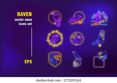 Raven neon signs set. Hawk on branch, crow skull, little bird in circle. Night bright advertising. Vector illustration in neon style for Halloween banners, gothic posters, party flyers design