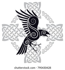 The Raven of Odin in a Celtic style patterned Celtic cross, isolated on white, vector illustration