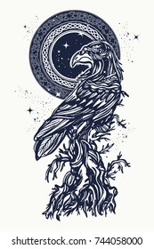 Raven and old tree tattoo and t-shirt design. Symbol of gothic, halloween, fear 