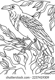 Raven on a branch. Children coloring book. Vector.