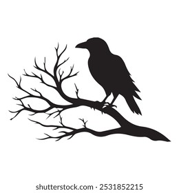 Raven on a branch of dry tree Silhouette. Vector illustration. Eps 10