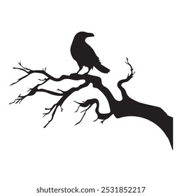 Raven on a branch of dry tree Silhouette. Vector illustration. Eps 10