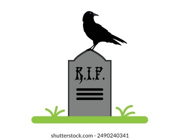 Raven on Gravestone Flat Style. Halloween seasonal national holiday concept vector
