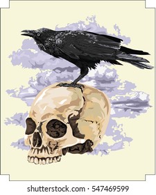 Raven on Human Skull - Illustration of the black raven bird sitting on human skull