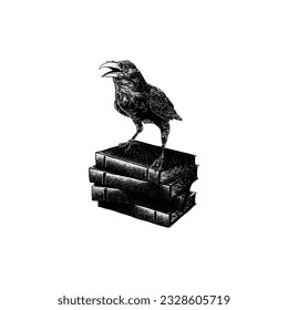 raven on pile of books hand drawing vector isolated on white background.