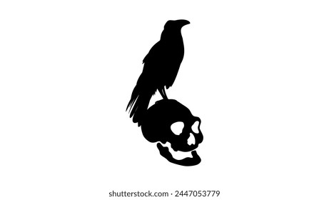  Raven on Skull, emblem, black isolated silhouette