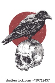Raven On Skull Grunge Image. Hand Drawn Vector Art. Sketch Vector Illustration.
