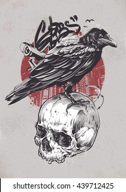 Raven on skull with urban elements on dirty background. Grunge style graffiti art. Street art. Vector illustration.