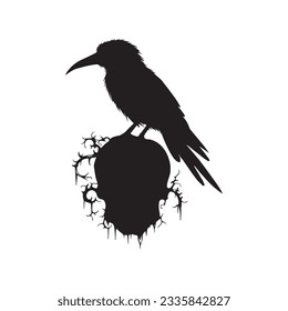 Raven on skull, vector art illustration isolated in white background.