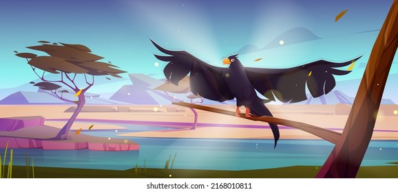 Raven sobre la rama de los árboles en sabana al anochecer. Dibujo vectorial del paisaje de sabana africana con río, árboles de acacia, montañas en el horizonte, hierba verde y cuervo negro