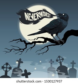 Raven on a tree in front of the moon