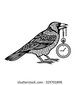 Raven on a white background. Time management concept. Crow in vector. Hand drawing crow isolated on white background.