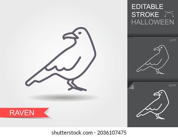 Raven. Rahmensymbol mit bearbeitbarem Strich. Lineares Halloween-Symbol mit Schatten