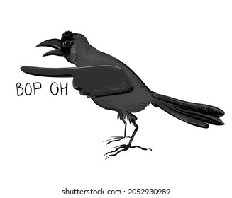 Raven painted in gray and black. He points to the side with his wing. The Russian text is written - he is a thief. Stock vector illustration isolated on a white background.