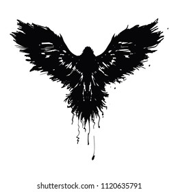 Raven painted in ink. Flying Crows. Grunge. Silhouette of a crow on a light background.