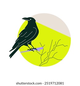 Raven perched on a branch against a circular background, symbolizing mystery, nature, and gothic themes. Flat vector illustration, isolated on white background.