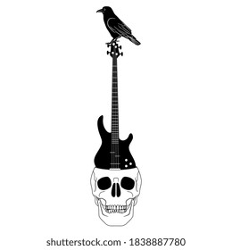 Raven perched on top of electric bass guitar inside human skull. Creative concept. Deadly rock. Black and white silhouette.