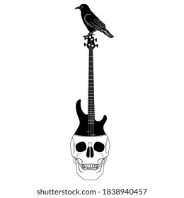 Raven perched on top of electric bass guitar inside human skull. Creative concept. Deadly rock. Black and white silhouette.