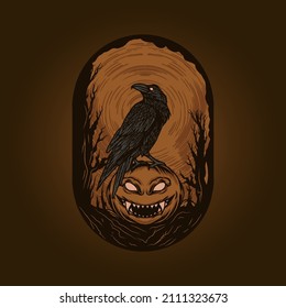The raven pumpkin halloween illustration and t shirt design