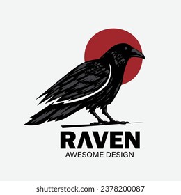 raven with red moon background symbol vector illustration