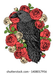Raven and roses flowers hand drawn illustration. Tattoo vintage print. Black raven and red roses.