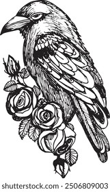 Raven in roses hand drawn illustration. Halloween sketch
