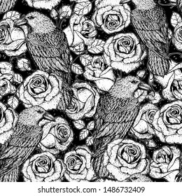 Raven and roses seamless pattern. Hand drawn vector illustration. Fabric design template. Skull background. 