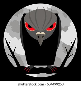 Raven with scary bloody eyes and sharp claws on night background and of a large pale moon. Dark silhouette with evil look. Halloween background. Vector illustration. 