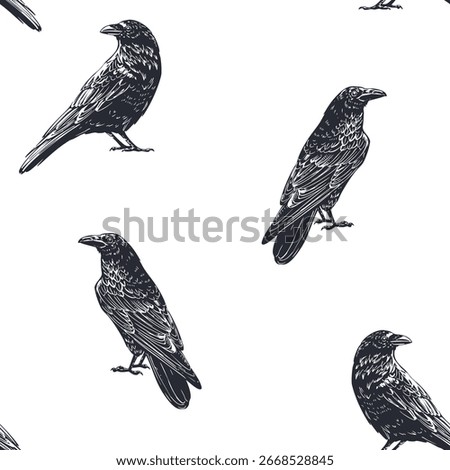 Raven, seamless pattern, engraving, hand drawn vector illustration, monochrome