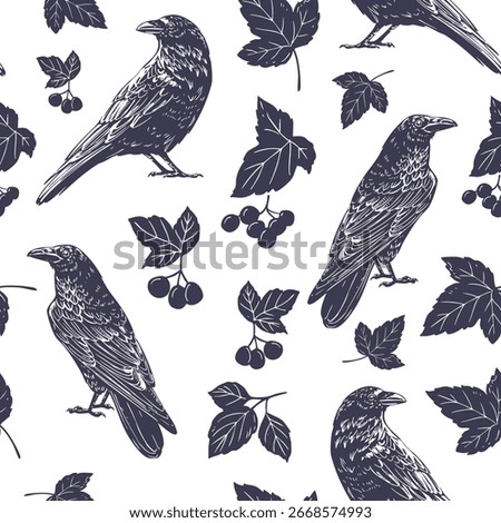 Raven, seamless pattern, engraving, hand drawn vector illustration, monochrome