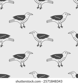 Raven Seamless Pattern. Minimalist black crow background in doodle style. Outline bird repeat vector illustration with. Wildlife animal ornament