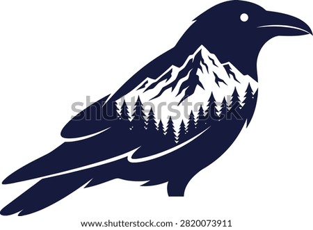Raven silhouette filled with mountain landscape and pine trees, ideal for nature-themed designs