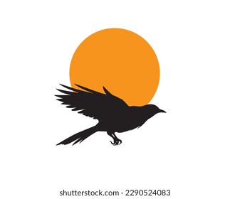 Raven silhouette flying on the moon, vector. Flying raven illustration isolated on white background.