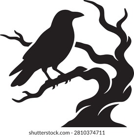 Raven silhouette on spooky tree, gothic design, Halloween theme, dark forest, mysterious creature, bird.