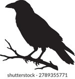 Raven silhouette perched on branch minimalist black and white illustration