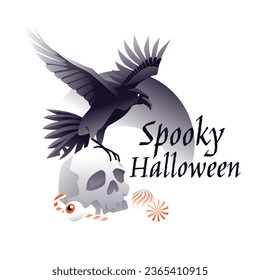 a raven sits on a human skull, candy is next to it. Halloween greeting card, banner, poster. Gradient style vector illustration