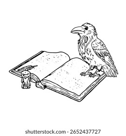 Raven sits on open book, next to guttered candle and bird's feather on the page, black and white sketch. Vector illustration. A mystical Halloween entourage, set is isolated on a white background. 