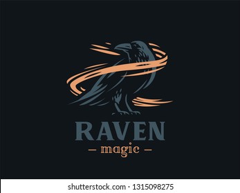 The raven sits on its paws and turns around. Vector illustration