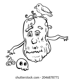 A raven sits on the pumpkin. The vegetable is crying over the skull. Illustration in cartoon style 