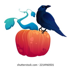 The raven sits on a ripe pumpkin. Halloween vector illustration isolated on white background. Bright, colorful gradients. For design and decoration. Wild bird in cartoon style.