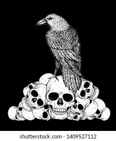Raven sits on the skulls. Skull and raven hand drawn illustration. Tattoo vintage print. Skull hand drawn print. Tattoo design. Pile of skulls and raven.