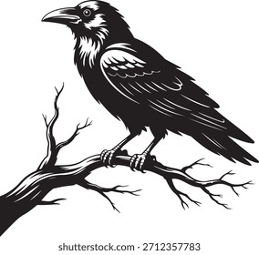 A raven sitting on a bare tree branch silhouette vector art