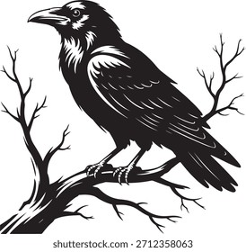 A raven sitting on a bare tree branch vector art