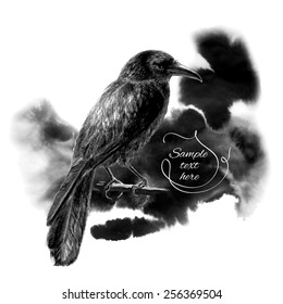 The raven sitting on a branch on a background of black ink stains. Vector illustration