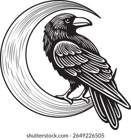Raven sitting on crescent moon. Black and white vector illustration isolated on white background. Mystic raven and moon concept for tattoo and print design.