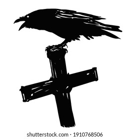 raven sitting on a cross tattoo. vector illustration