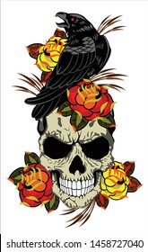 Raven sitting on a human skull and roses, old school style